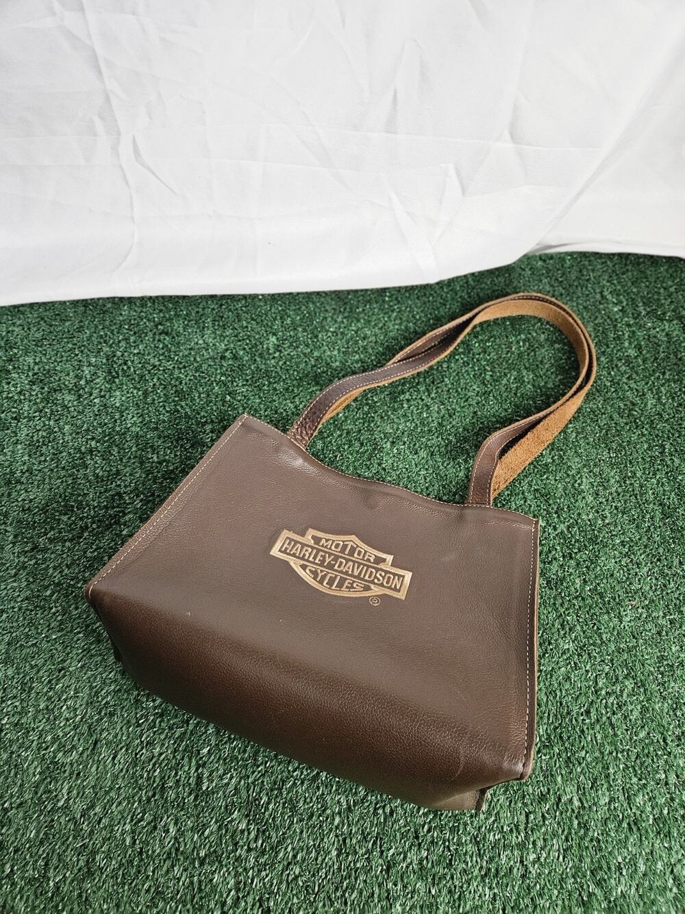 Vintage Harley Davidson Brown Embroidered Logo Leather Shoulder Bag Purse Tote